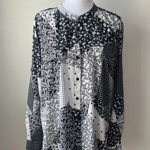 🖤Calvin Klein Women's XL Patchwork Print -button down Relaxed Shirt black White